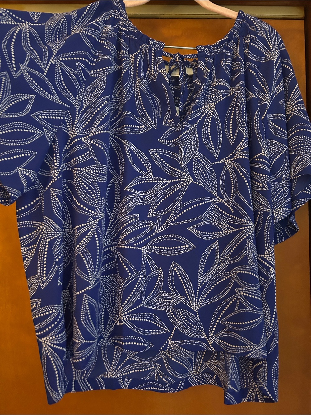 LOFT Navy Blue Leaf-Print Peasant Blouse